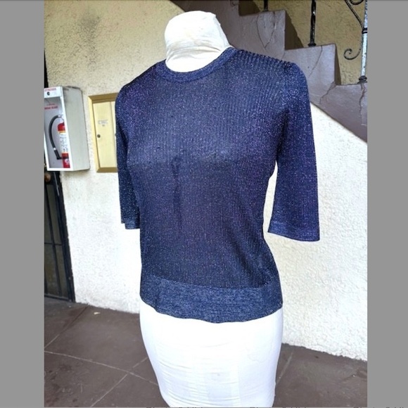 VERONICA BEARD Ume Blue Metallic Shimmer Short Sleeve Knit Top EUC/sz L - Picture 5 of 11